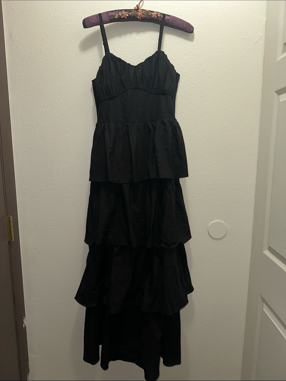 Francesca's Collections Black Tiered Ruffle Maxi Dress with Spaghetti Straps